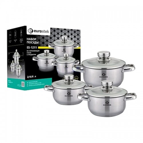 Набор посуды 6пр. Eurostek ES-1211 (2л+4л+6л) подходит для индукции